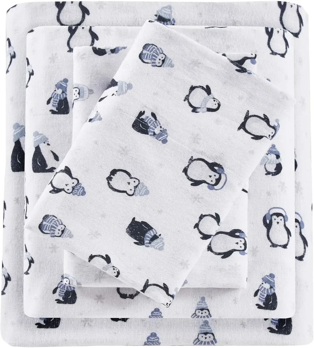 Intelligent Design Cozy Soft 100% Cotton Flannel Full Blue Penguins 4 Piece